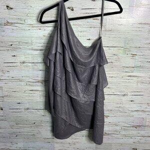 Bcbgmaxazria silver gray tiered ruffle one shoulder dress agate size small
